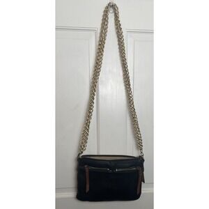 Margot Black Genuine Leather Crossbody Handbag Double Gold Chain Strap‎